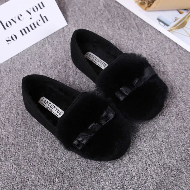 Cute Princess Shoes Velvet Bowknot Girls Flat Real Rabbit Hair Baby Loafers Kids Warm Slip on Childrens Winter | Детская одежда и