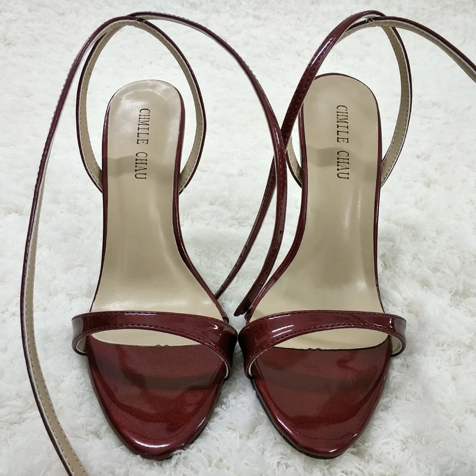 

Women Stiletto Thin Iron High Heel Sandal Sexy Ankle Strap Buckle Open Toe Burgundy Patent Party Bridals Ball Lady Shoe 3845-i9