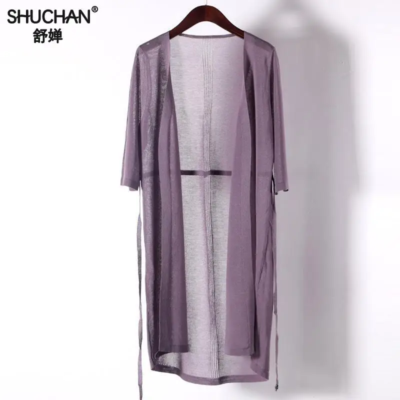 Женский Длинный льняной кардиган shuchan тонкий вязаный свитер с поясом и