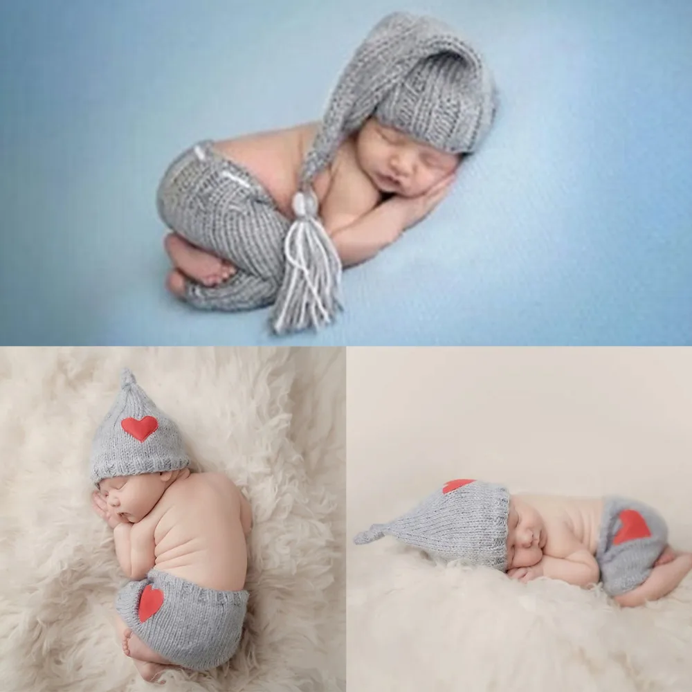 

Puseky 0-6M Newborn Baby Photography Props Accessories Cute Crochet Knit Costume Prop Grey Cap+Gray Shorts Infant Clothes Set