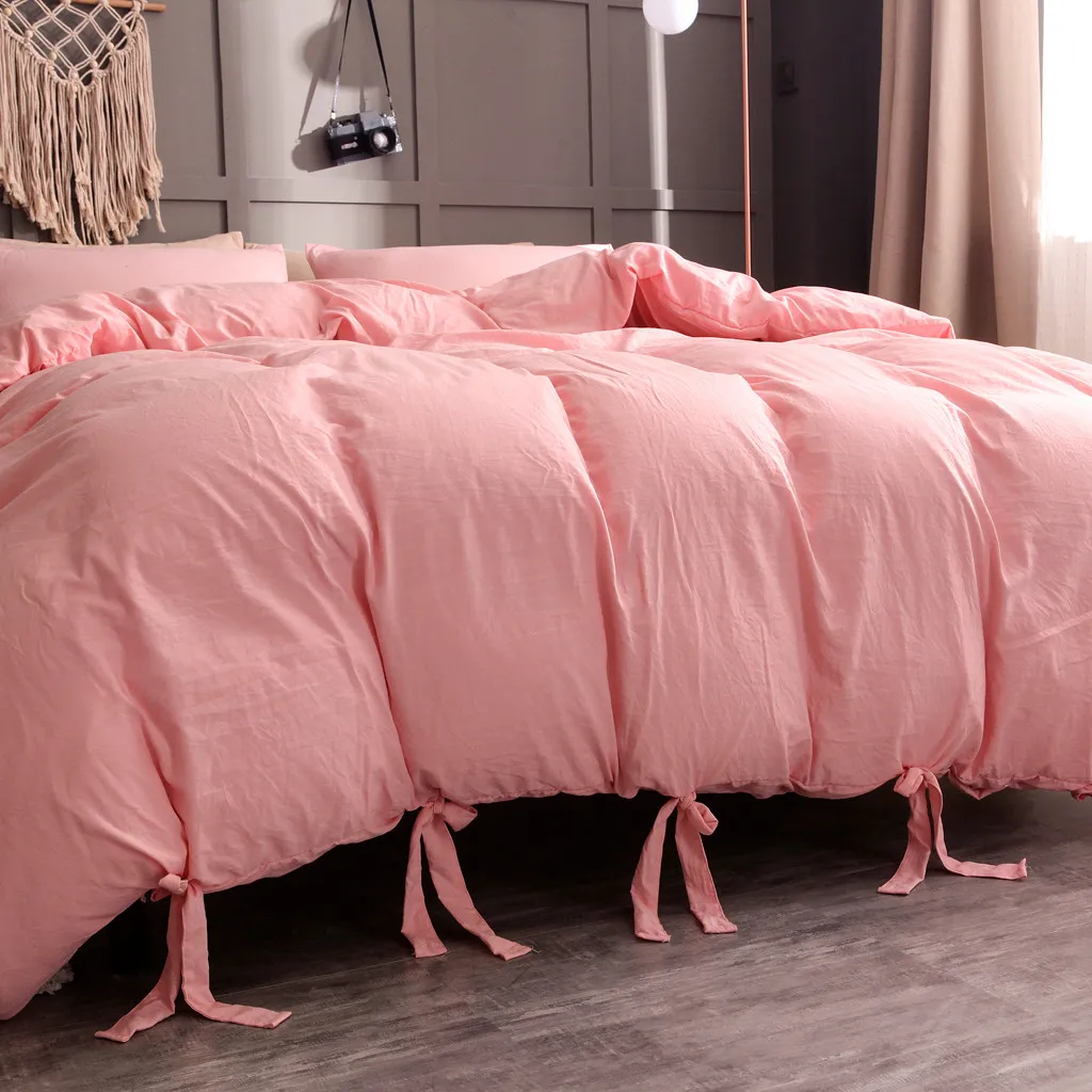 

Solid Pink Color Bedding Three-Pieces Set Washed Cotton Duvet Cover Natural Ultra Soft Modern Style Easy Care Bedding Set