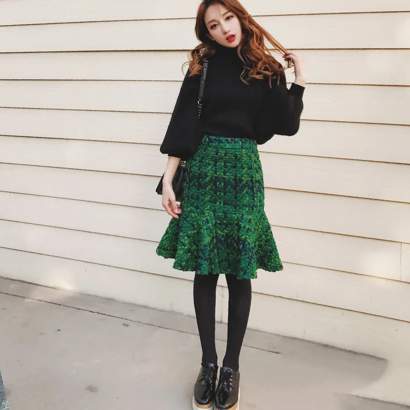 Женская твидовая юбка средней длины утолщенная облегающая клетчатая с высокой