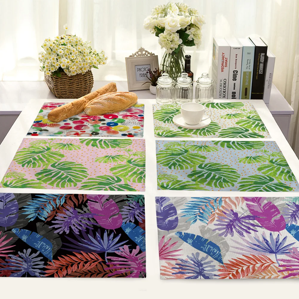 

Tropical Jungle Placemat Table Coaster Palm Leafy Plant Cotton Fabric Rectangular Cloth Design Pad Seaside Holiday Green Foodmat