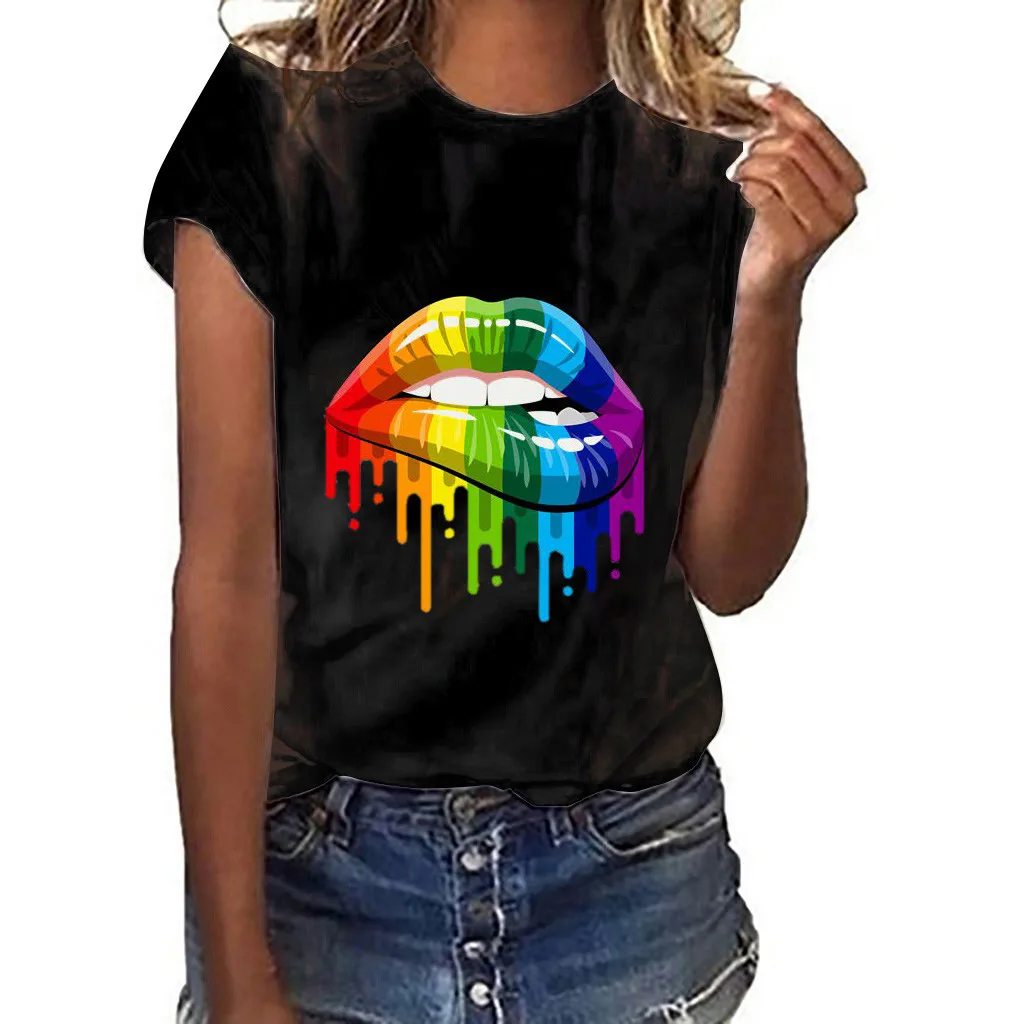 Женская футболка с принтом губы большого размера коротким рукавом Повседневная