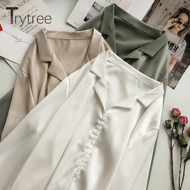 Ttytree, весенне-летние блузки, Повседневная рубашка для женщин, полиэстер, для офиса, леди, полный рукав, пуговицы, однотонный, с отложным воротником, топы, рубашки