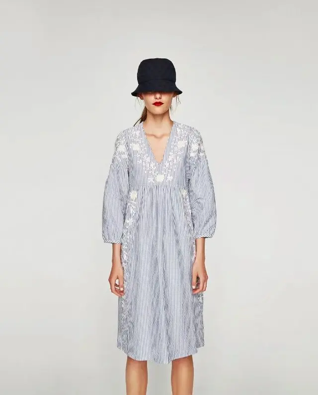 Новые модные женские туфли платье миди длины с вышивкой свободные полосатые Vestidos