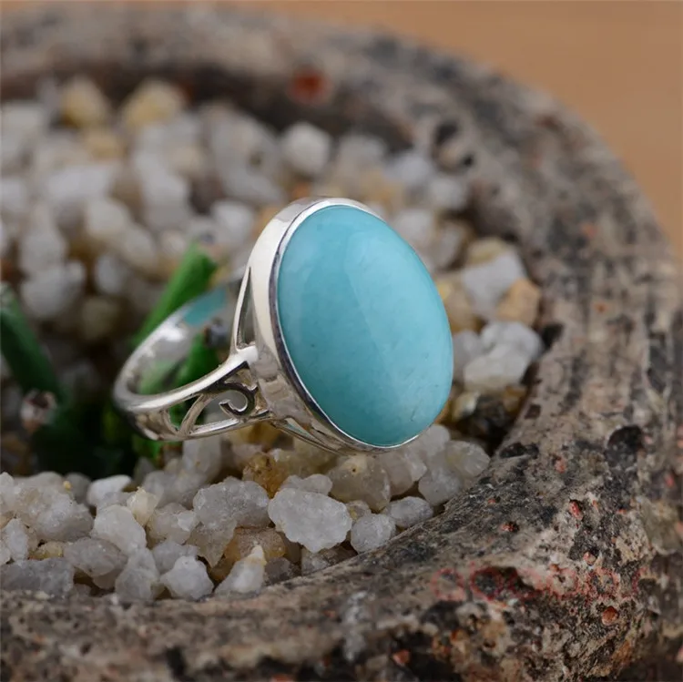 Простое кольцо из стерлингового серебра 925 пробы с овальным синим амазонитом для