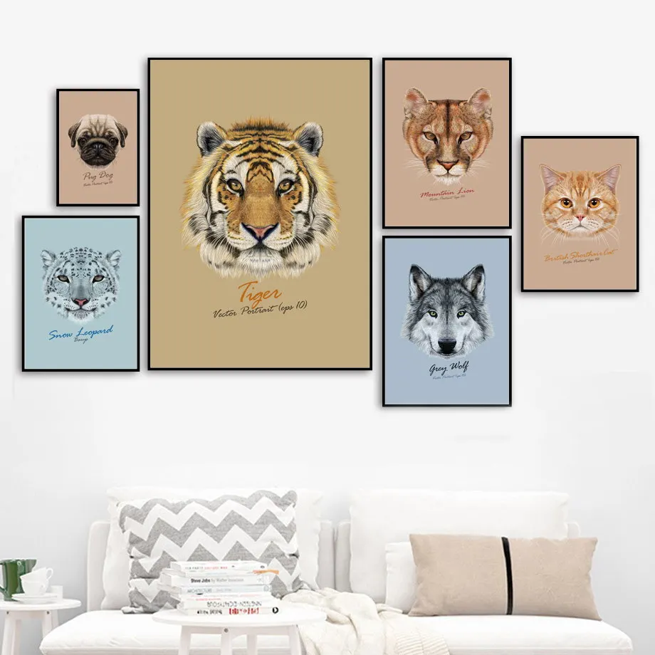 

Nordic Posters And Prints Cartoon Tiger Lion Wolf Cat Dog Head Animal Wall Art Canvas Painting Wall Pictures For Kids Room Decor