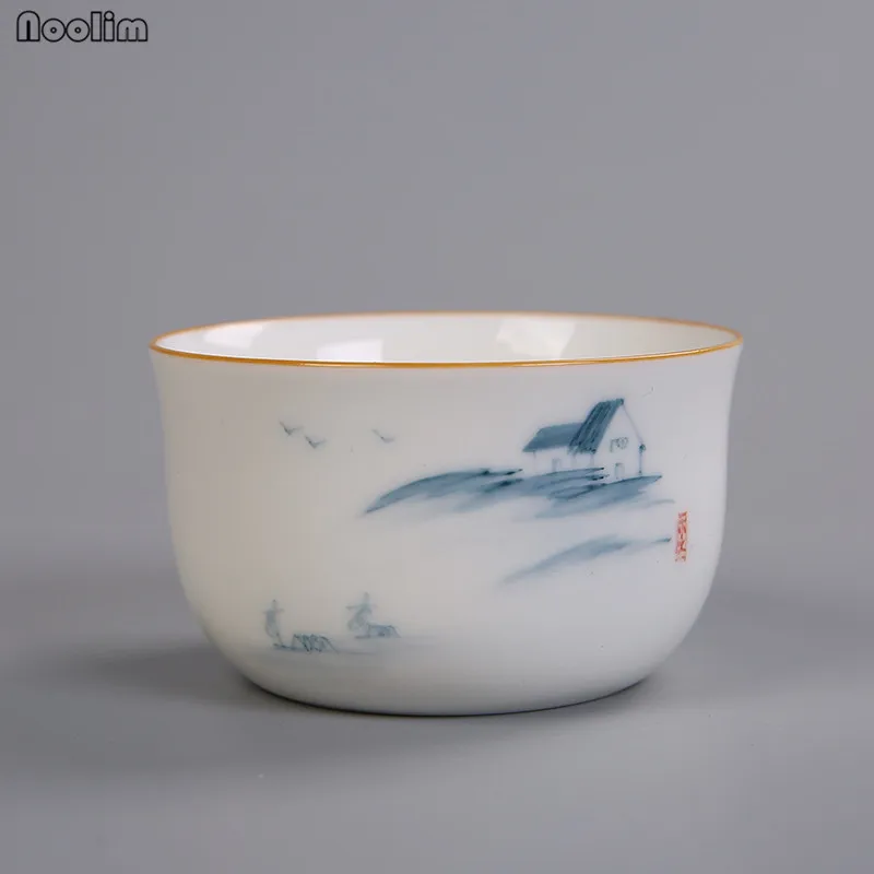 NOOLIM Ceramic Kung Fu Master Tea Cups White Porcelain Hand Painted Lotus Chinese Household Teacups Office Drinkware | Дом и сад
