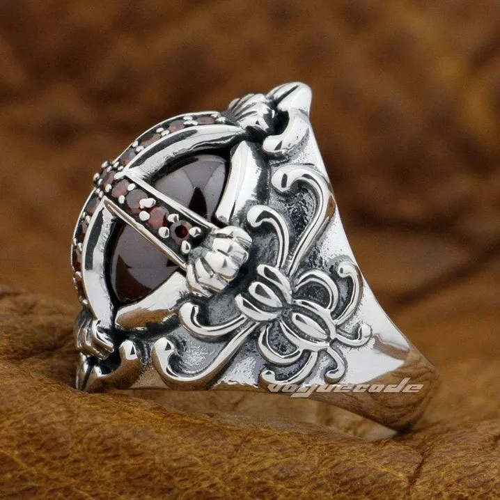 Мужское кольцо с крупным темно красным фианитом из серебра 925 пробы|gothic cross ring|stone