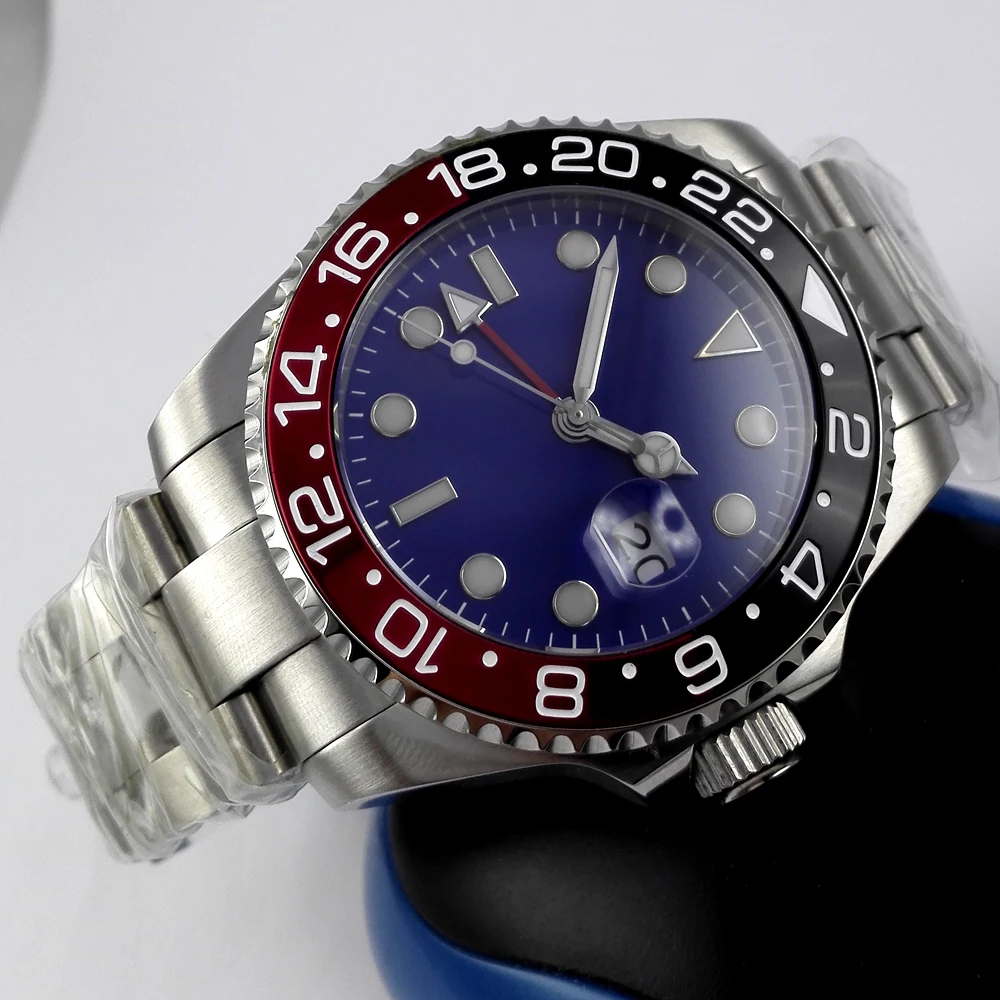 43 мм черный циферблат синий GMT красный и ободок сапфировое стекло автоматические