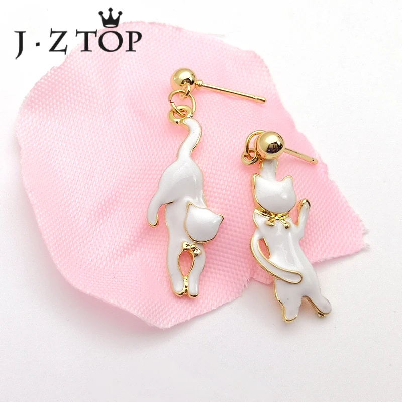 JZTOP Lady Classic Black White Cat Stud Earrings Cute Imitation Pearl Asymmetric Animal Earring For Woman Oorbellen Girl Jewelry | Украшения