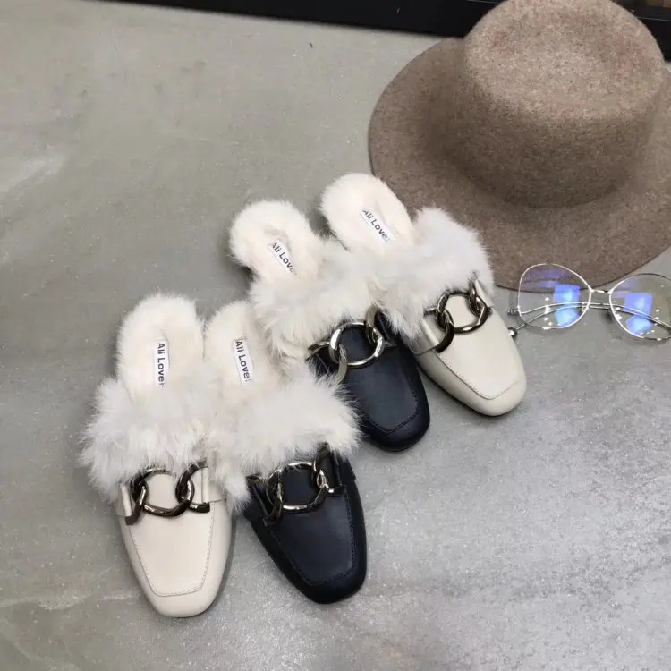 С открытыми пальцами женские мюли металлическими цепочками тапочки с квадратным