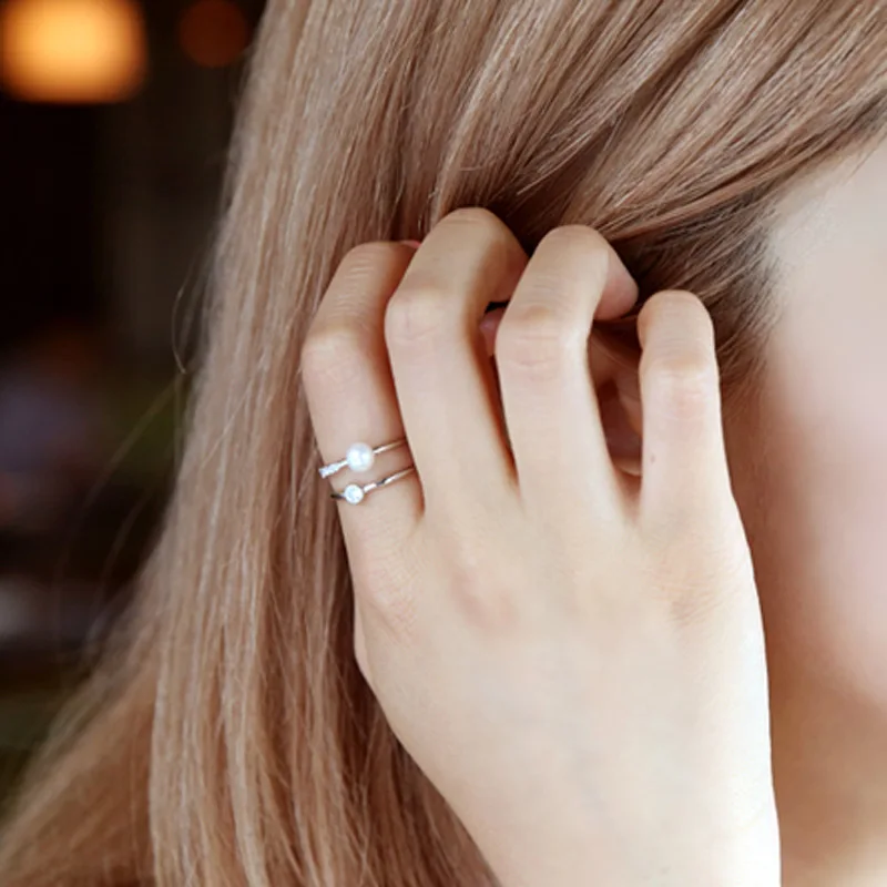 New Rhinestone Freshwater Pearl Double Rings Fashion 925 Sterling Silver CZ Crystal Geometry Index Finger Ring For Women | Украшения и