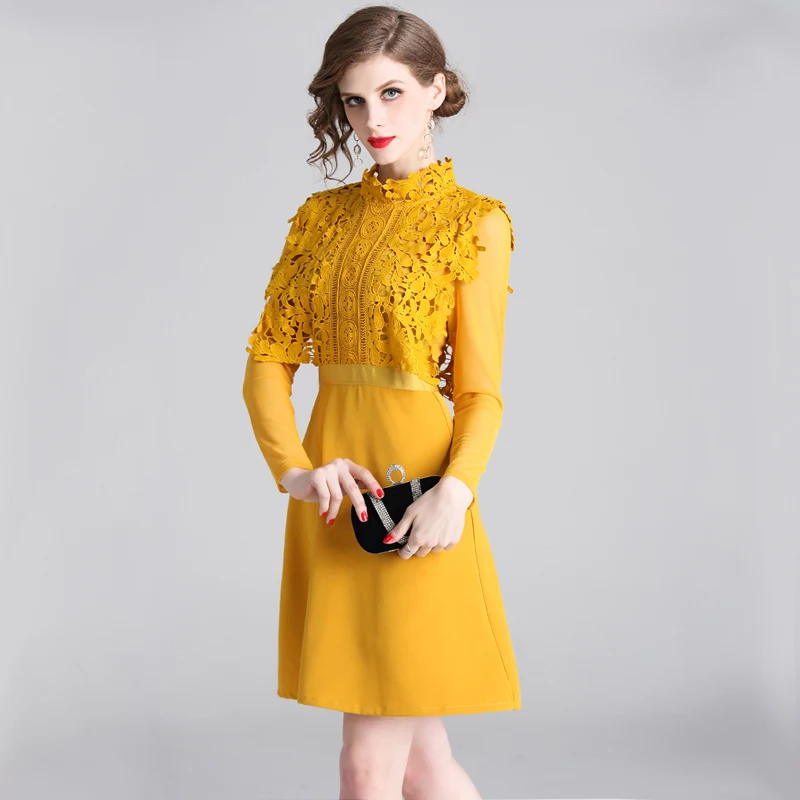 Yellow Trytree осеннее Элегантное повседневное однотонное желтое платье с кружевным стоячим воротником, полиэфирное женское платье, уличное ТРАПЕЦИЕВИДНОЕ ПЛАТЬЕ выше колена - Цвет: Yellow