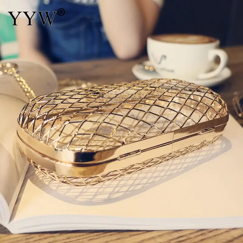 

2019 Women Hollow Out Metal Chain Wedding Party Crossbody Metallic Clutch Mini Gold Cages Clutch Evening Luxury Purse Handbag