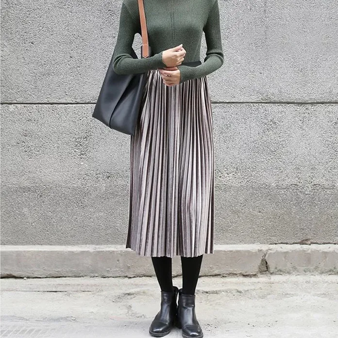 Новый Осень Зима Долго Плиссированные Юбки Женская Высокая Талия Мода Блестящий