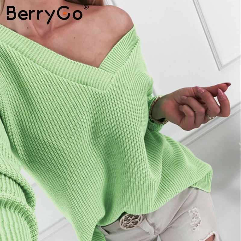 BerryGo пикантные осенние женские вязаные пуловеры с v-образным вырезом свитер на