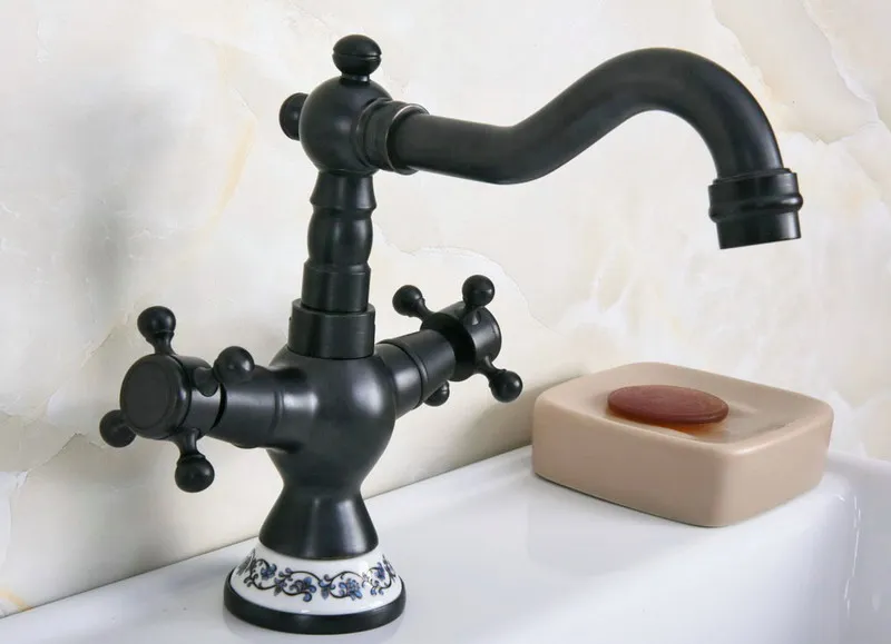Oil Rubbed Bronze Dual Cross Handles Ceramic Base Bathroom Kitchen Basin Sink Faucet Mixer Tap Swivel Spout Deck Mounted mnf645 |