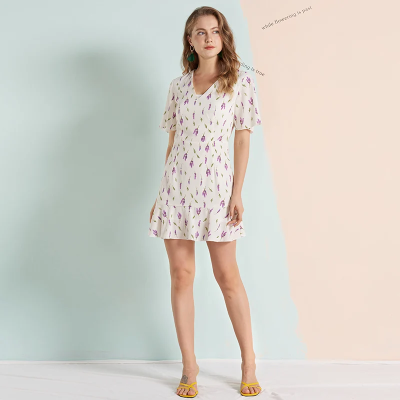 Mostnica Summer Wheat Printed Gauzy Chiffon Dress for Women Pastoralism Flare Sleeves V Neck Mori Girl Mini Lady Clothes | Женская