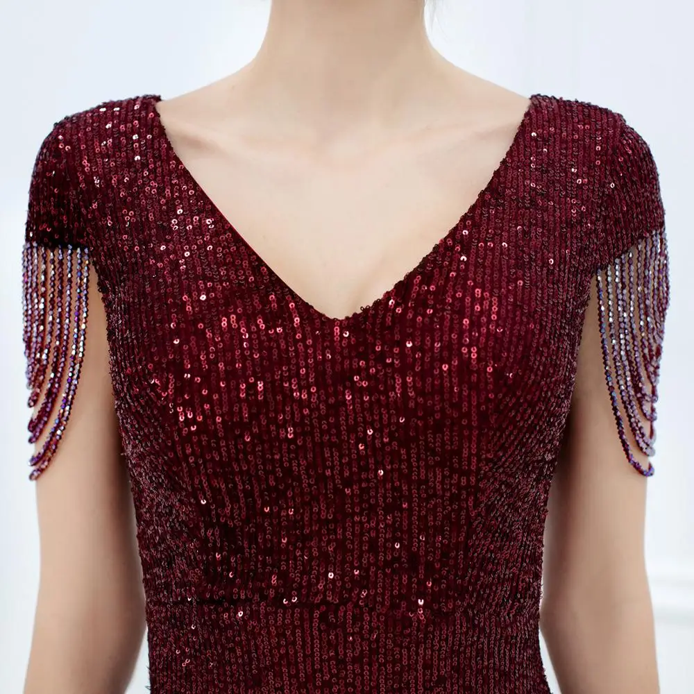 Женское длинное вечернее платье-русалка Бордовое платье с глубоким V-образным