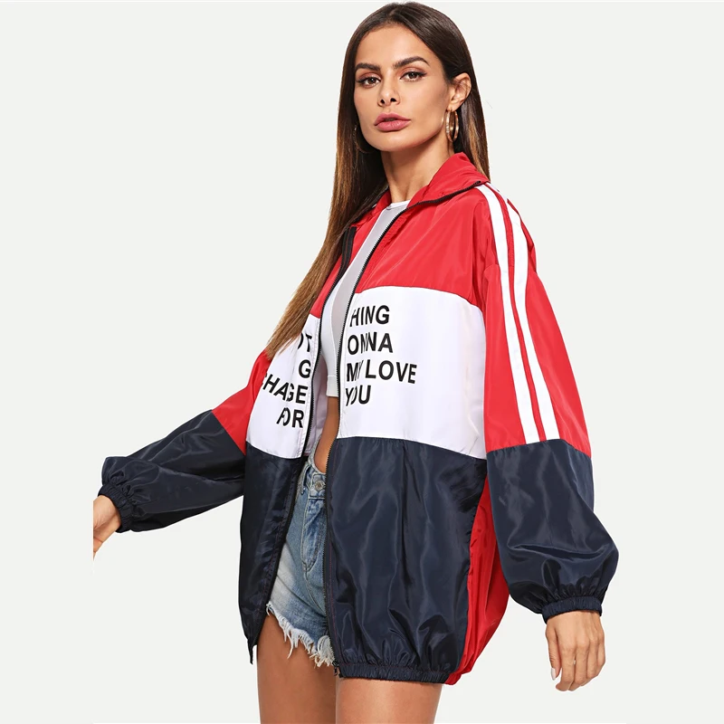 Dotfashion куртка на молнии с цветным блоком и буквенным принтом женская осенняя одежда с отложным воротником Верхняя одежда спортивное весеннее разноцветное пальто