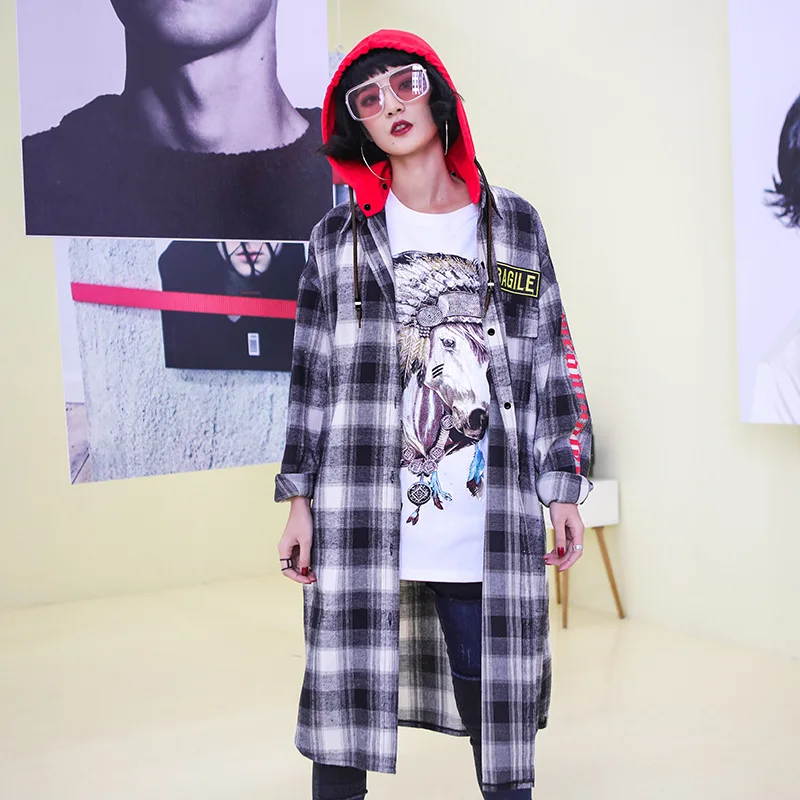 Shirt female long section loose Spring and autumn2018tide brand hooded thin plaid long-sleeved shirt coat |