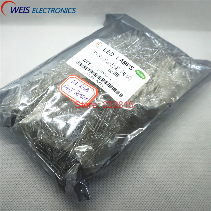 

1000PCS F3 RGB LED , FAST FLASH automatically, DIP-2 , LONG LEGS , 3MM RED BLUE GREEN FULL COLOR light emitting diode