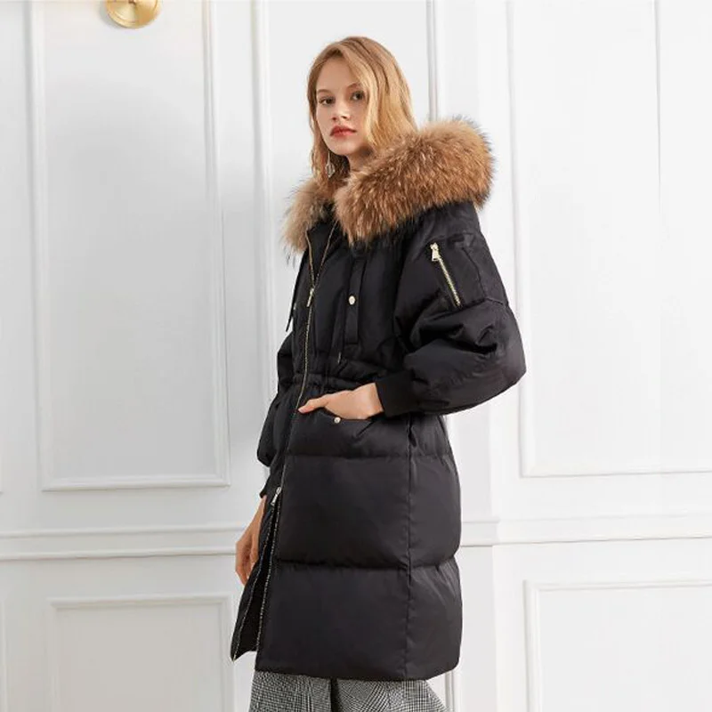 Женская зимняя куртка из натурального меха енота Толстая теплая парка на утином