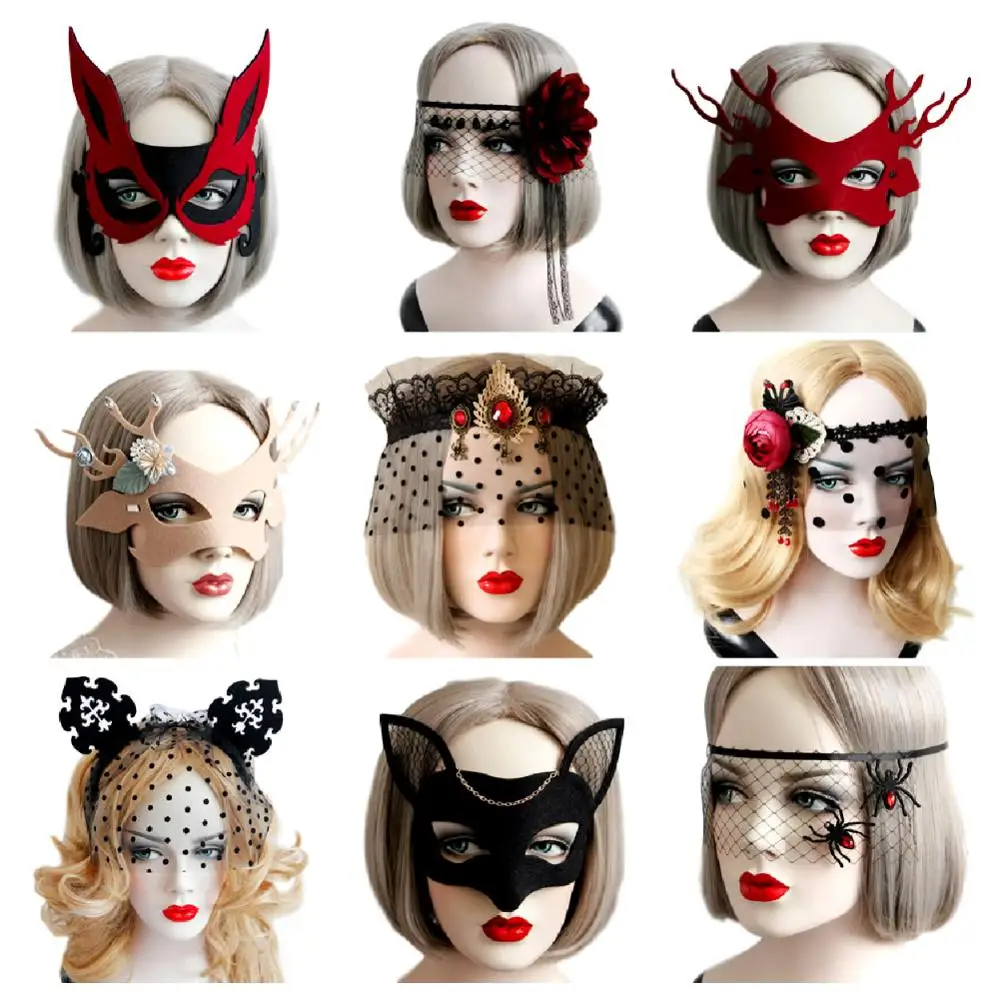 Retro Gothic Black Lace Veil Eye Mask Flower Half Face Cover Ear Masquerade Party Dance Club Halloween Scary Cosplay Costume |