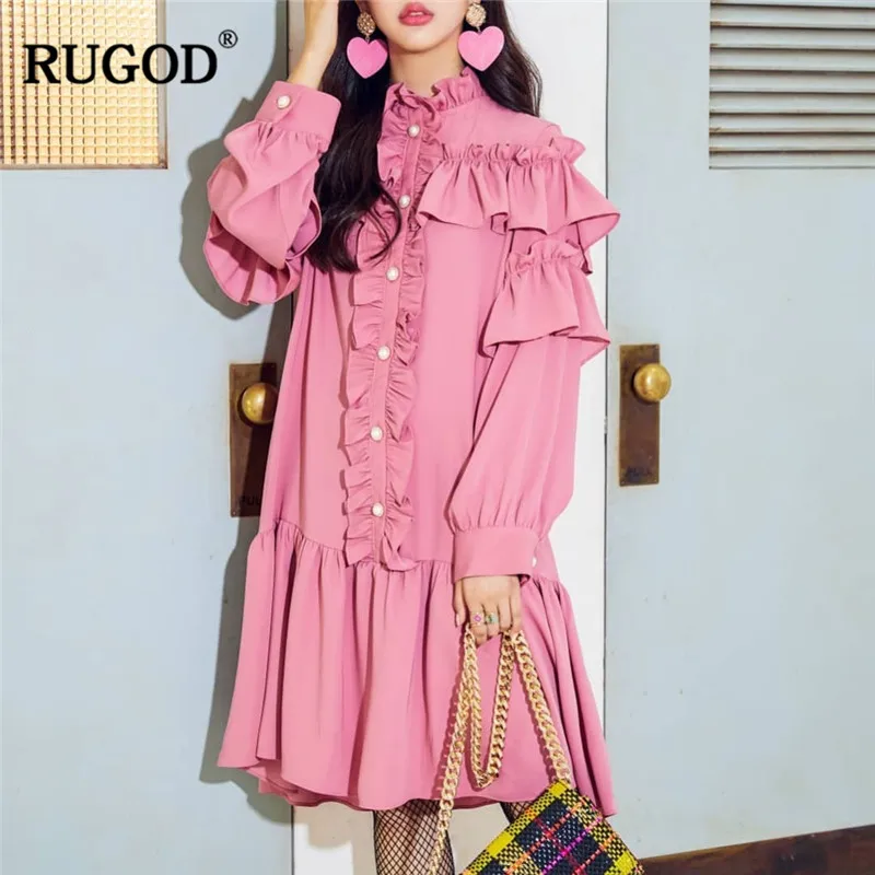 RUGOD Новое Женское платье рыбий хвост creased Кружевной Край однобортный розовое для