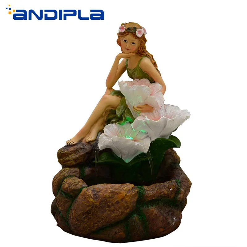 

110V-220V Pastoral Resin beautiful Girl Flower Water Fountain Lucky Creative Home Decoration Bonsai Purifying Air Birthday Gift