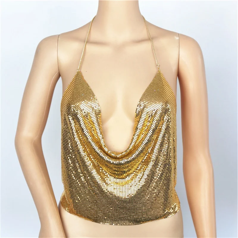Вечерние Клубные Женские топы с металлическим верхом цвета: золотистый