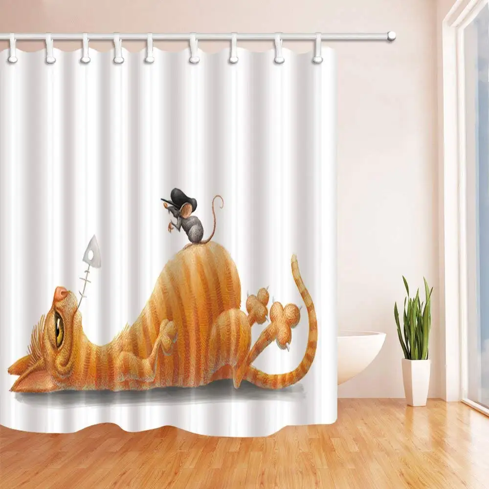Cartoon Litter Mouse Stand on the Cat Shower Curtain Mildew Resistant Polyester Fabric Bathroom Bath Curtains with Hooks | Дом и сад