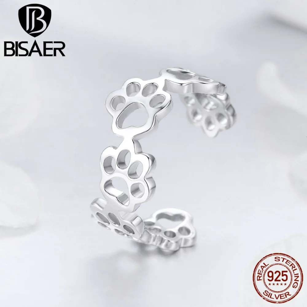

BISAER 925 Sterling Silver Animal Footprints Rings Cat Dog Footprints Finger Adjustable Ring For Women 925 Jewelry Anel ECR424