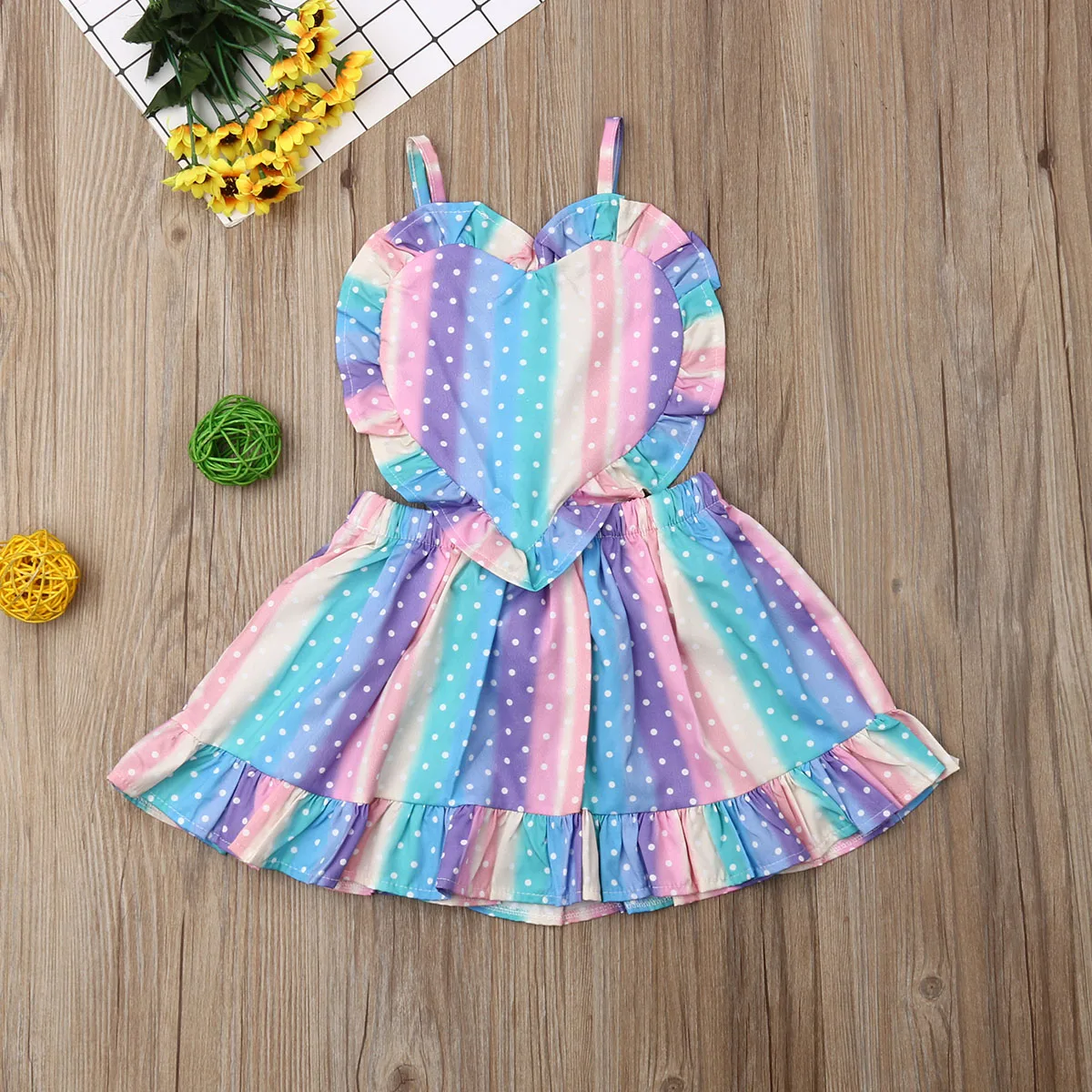 Cute Toddler Baby Girls 1-5Y Dress Love Colorful Rainbow Striped Ruffles Strap Romper Summer Outfit Clothes | Детская одежда и