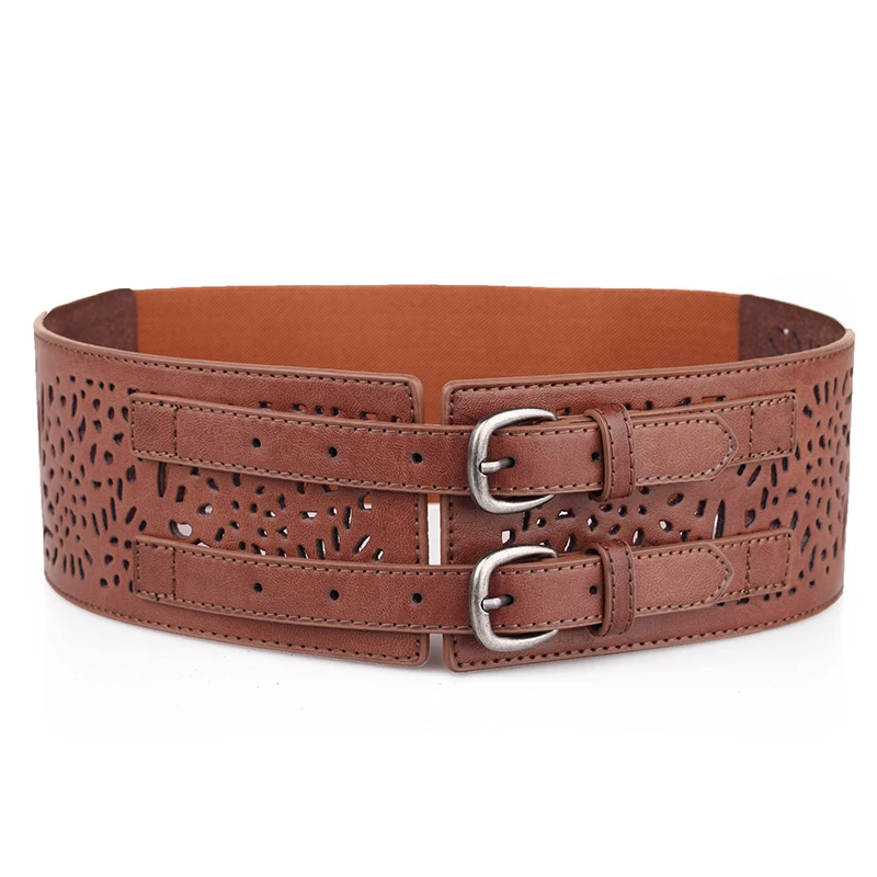 

Ladies Hollowed Out Waistband Girls Carved Double Pin Buttons Belt Female Overcoat Waistbelt Female Elastic Skirt Belt B-8422