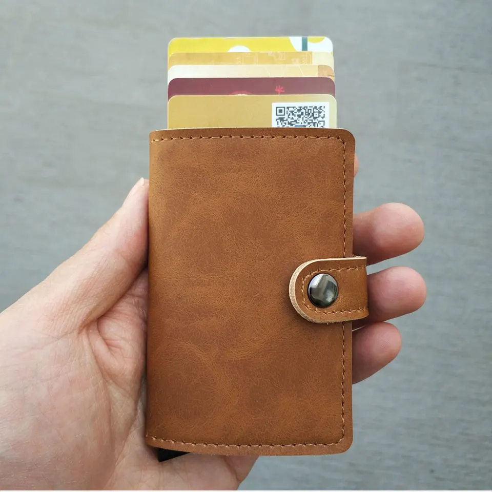 RFID Блокировка, винтажный кредитный держатель для карт, для мужчин, алюминиевый сплав, бизнес чехол для ID карты, автоматический мужской металлический кожаный держатель для карт, кошелек