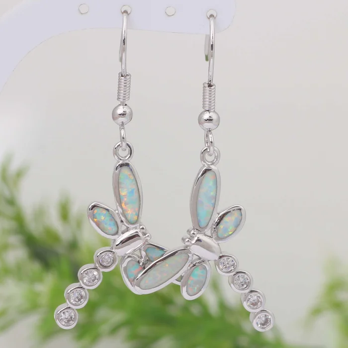 Женские серьги в виде стрекозы с белым опалом и фианитом | Украшения аксессуары