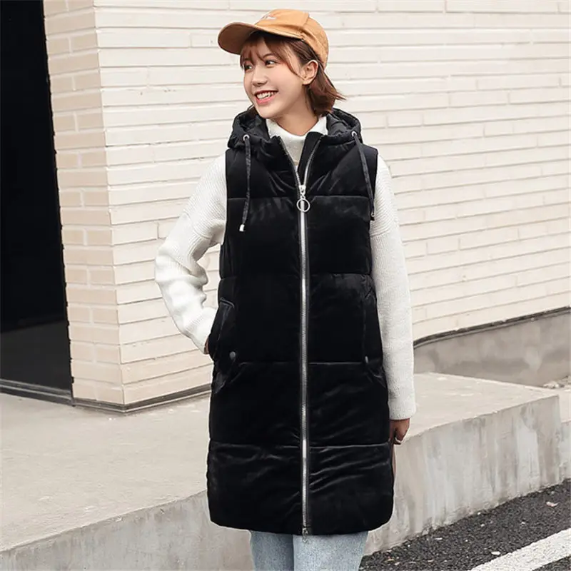 

Down jacket 2019 New Vest Cotton Coat Women's Long Section Loose Gold Velvet Sleeveless Hooded Waistcoat Fashion Parkas f1192