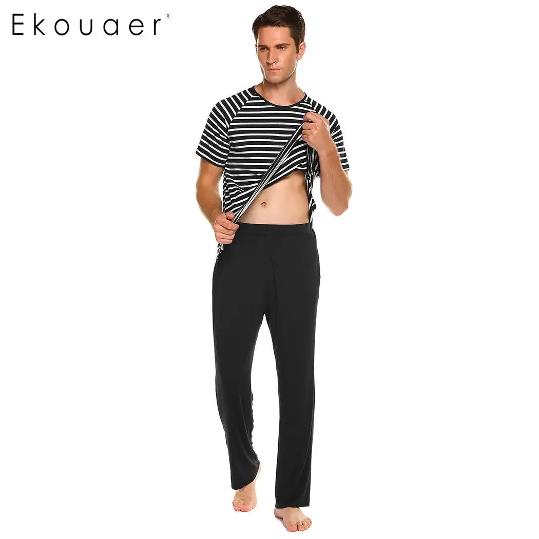Ekouaer Короткий Мужской пижамный комплект топ в полоску с рукавами Maxmoda и Мягкие
