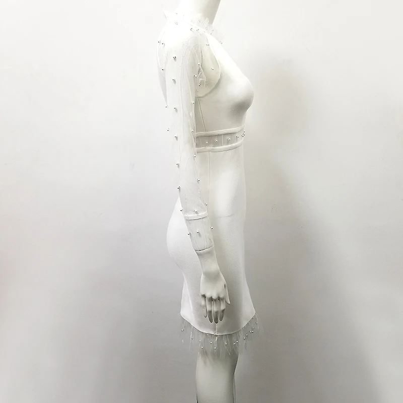 Высококачественное белое бандажное платье с вырезом на ключице, бисером и элегантным дизайном для вечеринки 2018 года.