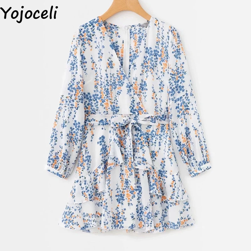 Yojoceli сексуальное короткое шифоновое платье с принтом и рюшами женское осеннее