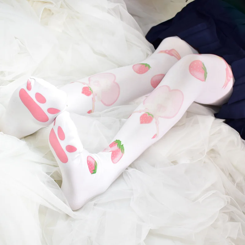 Сладкая Лолита колготки женские белые колготки Kawaii клубника печатные осенне-зимние Чулки Бархатные Теплые Аниме Косплей Колготки