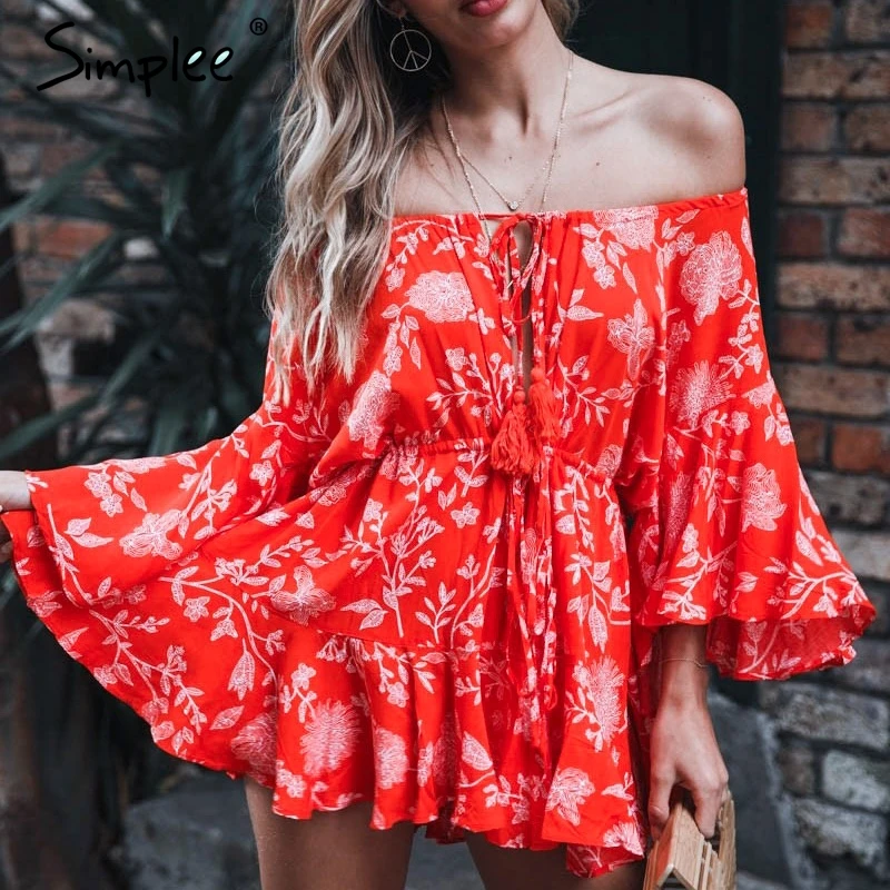 Simplee Sexy slash neck jumpsuit romper women Long sleeve tassel lace up overalls Elastic waist summer boho playsuit | Женская одежда