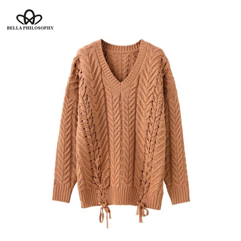 Bella Philosophy 2018 women autumn winter new hollow out long sleeve lace-up Twist Pattern loose oversized sweater pullover | Женская