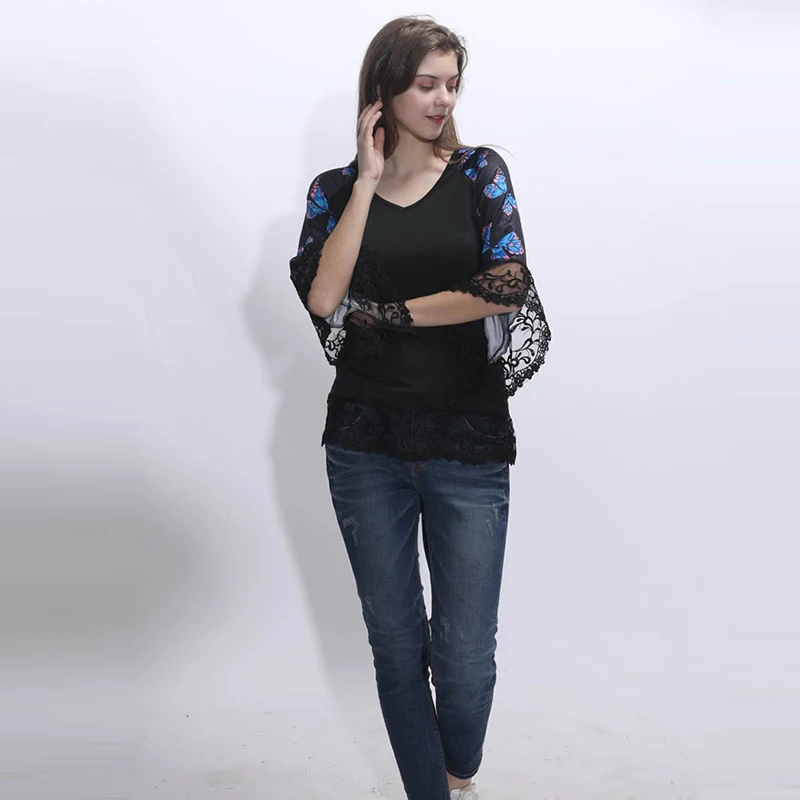 Модная женская кружевная Лоскутная футболка с v образным вырезом и бабочкой