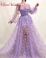 2021 formal prom dresses a line high neck long sleeves party gown custom made arabic long lilac lace prom gown for party
