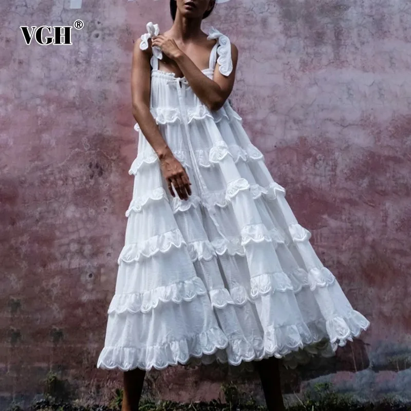 

VGH 2020 Solid Korean A Line Dress For Women Strapless Off Shoulder Backless Ruffle Loose Midi Female Dresses Fashion New Summer