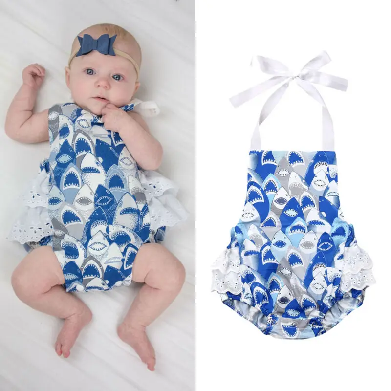 2019 Baby Girl Shark Print Bodysuits Newborn Clothes Halter Lace-up Jumpsuit Sleeveless Backless Lace Ruffles Sunsuit 0-18M | Мать и